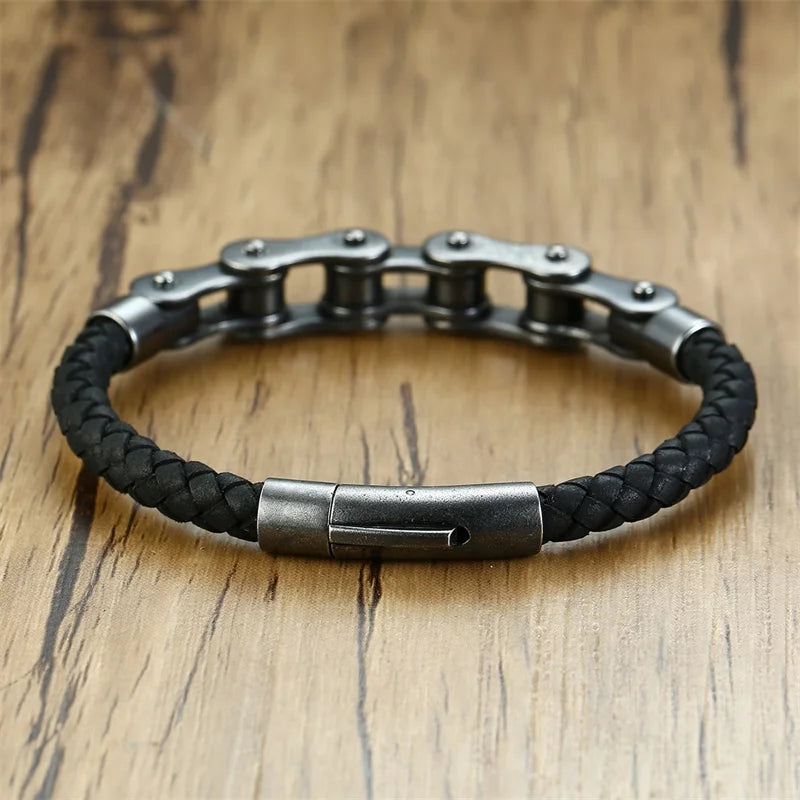 Biker – Armband im Fahrradketten-Design | Edelstahl & Leder