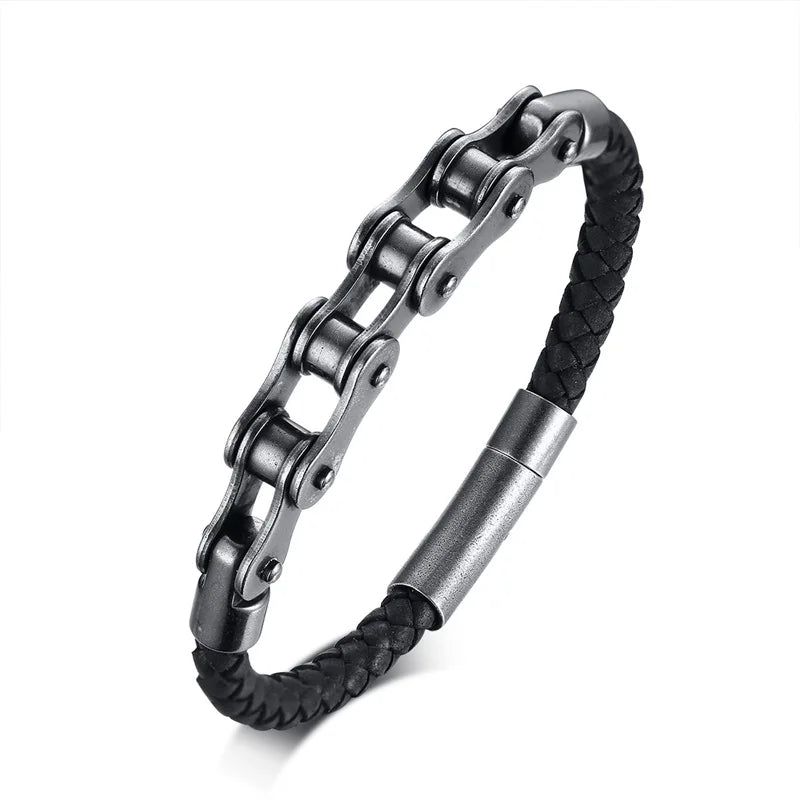 Biker – Armband im Fahrradketten-Design | Edelstahl & Leder