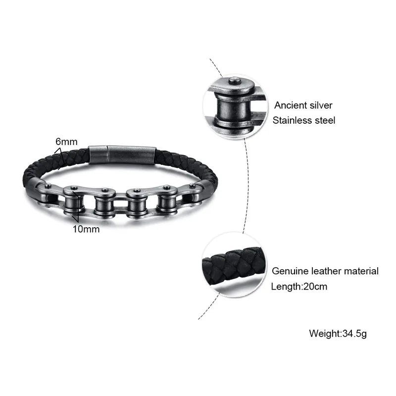 Biker – Armband im Fahrradketten-Design | Edelstahl & Leder