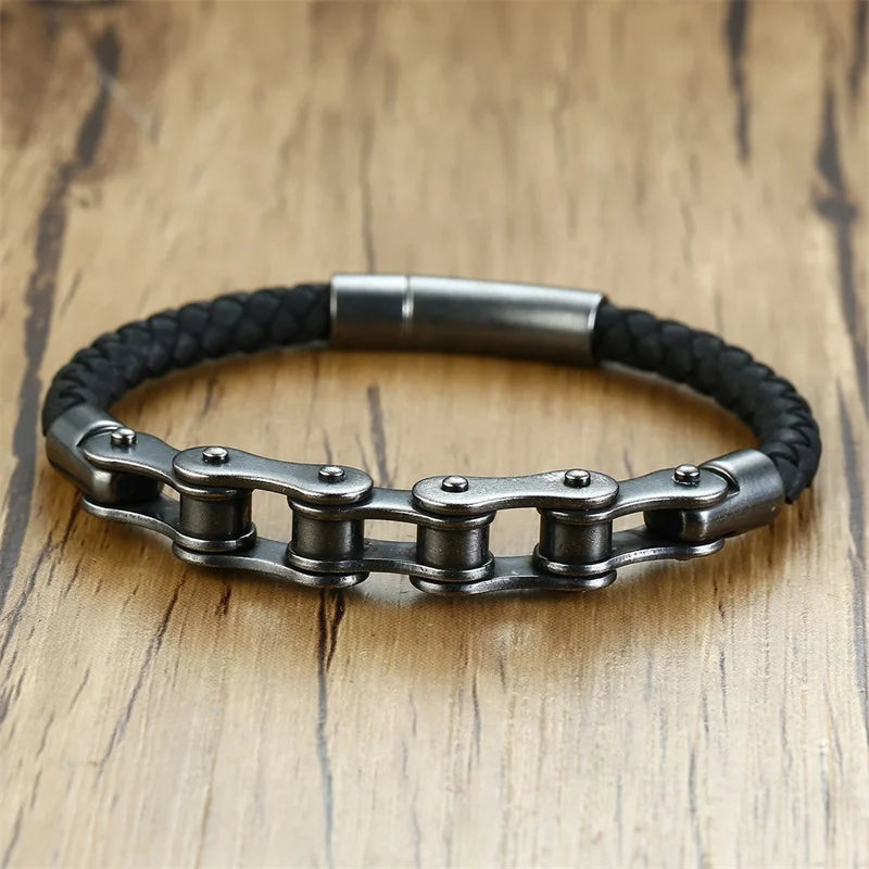Biker – Armband im Fahrradketten-Design | Edelstahl & Leder