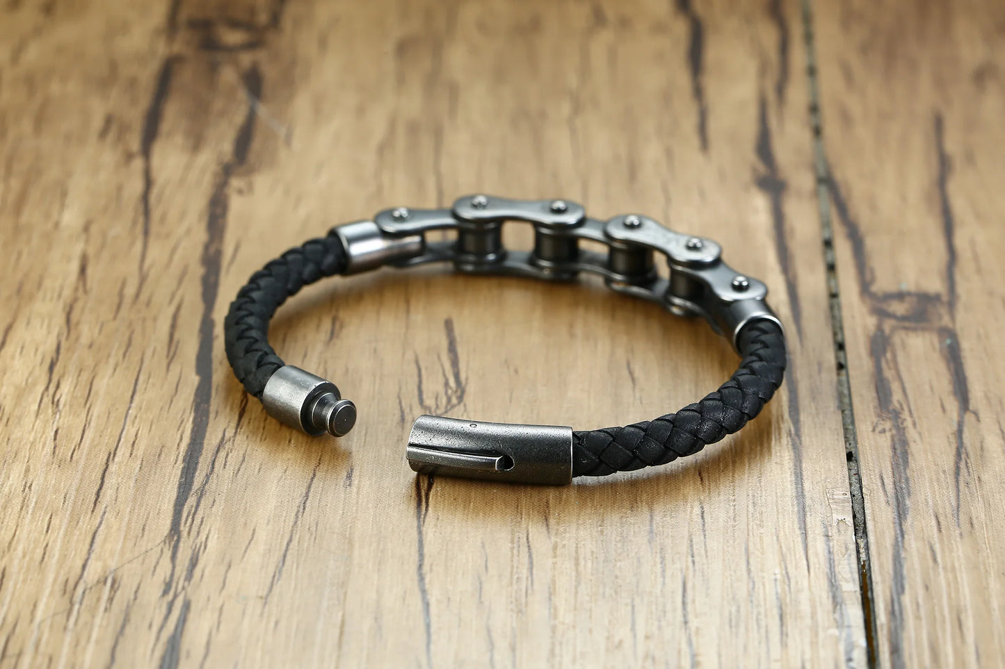 Biker – Armband im Fahrradketten-Design | Edelstahl & Leder