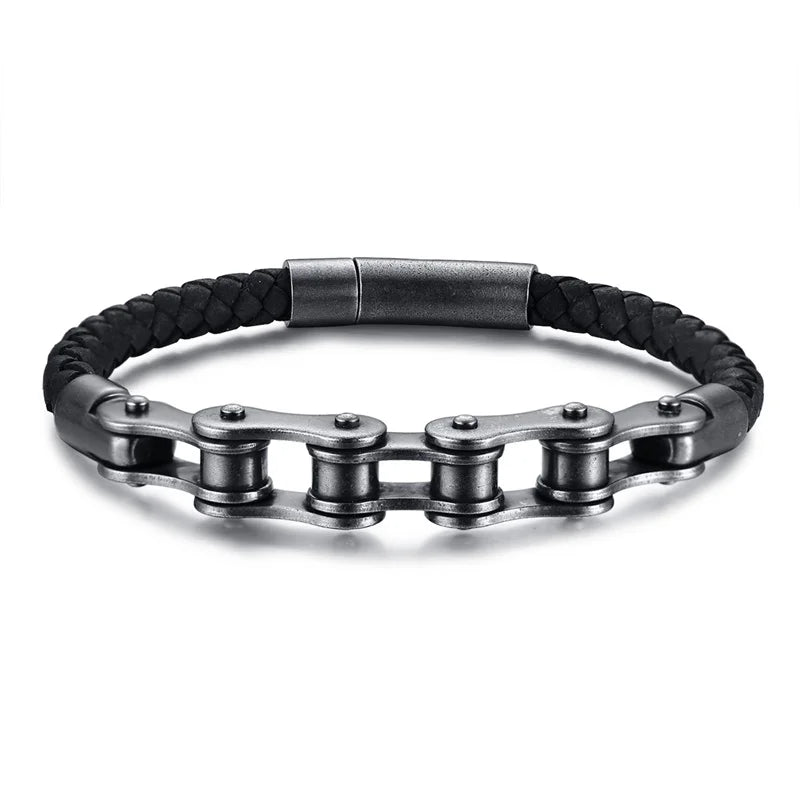 Biker – Armband im Fahrradketten-Design | Edelstahl & Leder
