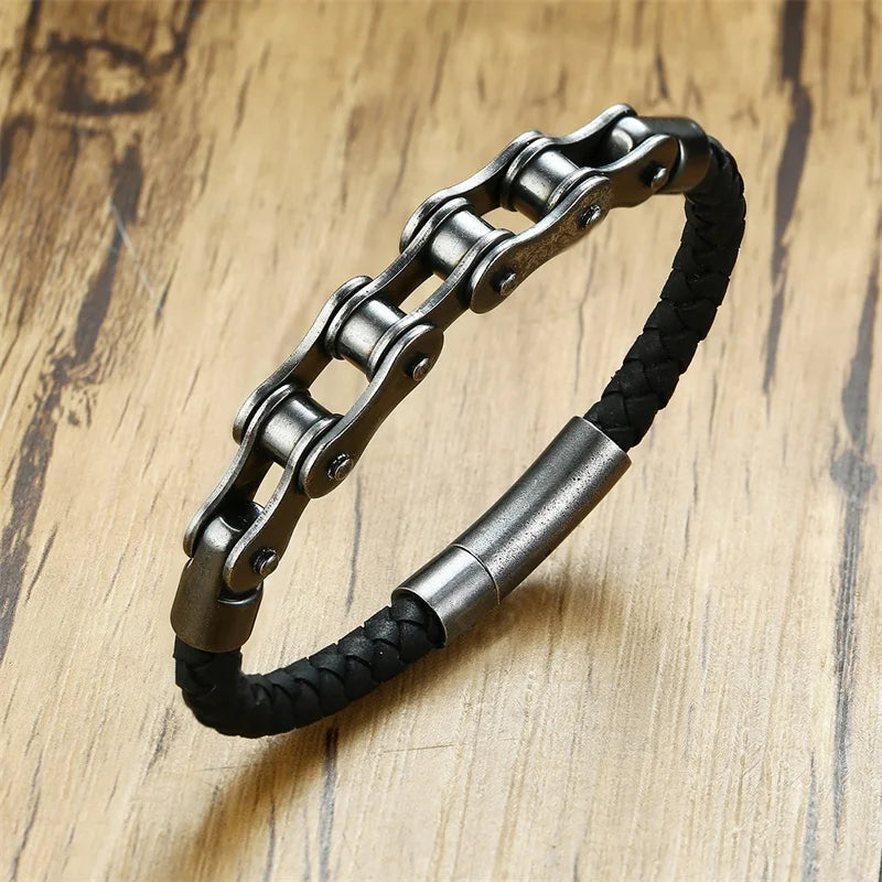 Biker – Armband im Fahrradketten-Design | Edelstahl & Leder