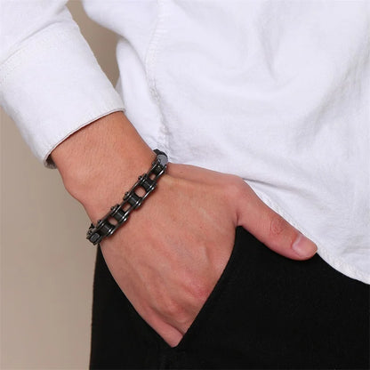 Biker – Armband im Fahrradketten-Design | Edelstahl & Leder